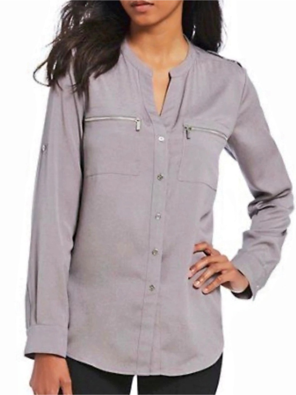 Calvin Klein Zip Pocket Utility Button Down Blouse in Gray - Small - NWT